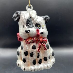 Hand Blown Glass Dalmatian Dog Couple 4” Ornament White w Black Spots